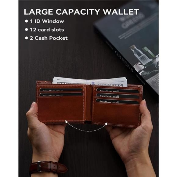 Mens Wallet RFID Genuine Leather Bifold Wallets, ID Window 16 Card Holders - Picture 6 of 6